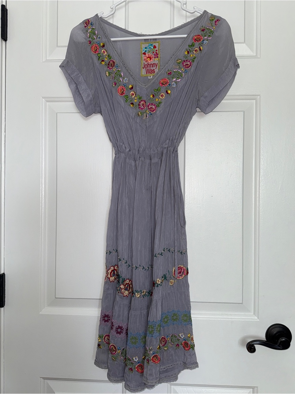 Johnny Was  Floral Embroidered Sheer Cinch Waist Dress Sz S